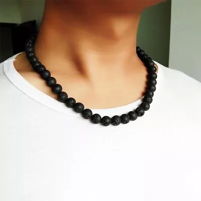 Men Necklace 6mm 8mm Black Volcanic Lava Stone Choker Rock Beads Chains Necklace • $8.54
