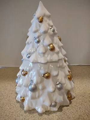 Cheryl’s Sealed Rim Cookie Jar CHRISTMAS TREE Classic White Silver Gold Ceramic • $59