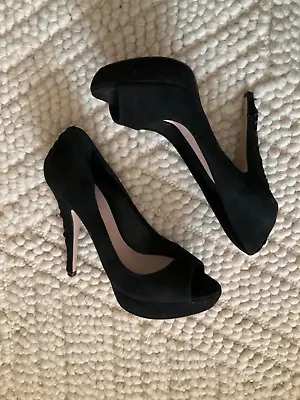 Miu Miu Black Suede Ruffle Heel Peep Toe Stiletto Heels Size US 8.5/EU 38 1/2 • $69.99