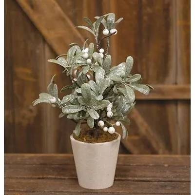 ICE KISSED MISTLETOE TREE Pip Berries Glitter 15  Tall Potted White Christmas • $18.97