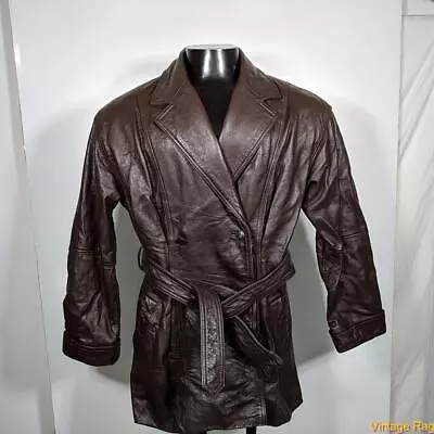 TOGETHER Vtg 70s Leather Spy Jacket Coat Womens Size M Brown Belted • $44.99