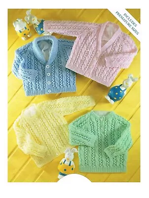 Baby Cardigan Jumper Knitting Pattern In DK. Classic Raglan Sleeves Lacy Design • £2.99