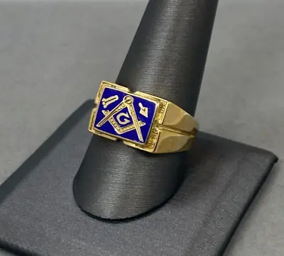 Vintage Mens Masonic Ring 10k Yellow Gold & Blue Enamel ~ 8.4g Size 10.5 • £675.55