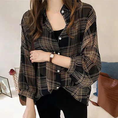 Womens Ladies Plaid Check Long Sleeve Button Up Blouse Loose Casual Shirt Top UK • £12.09