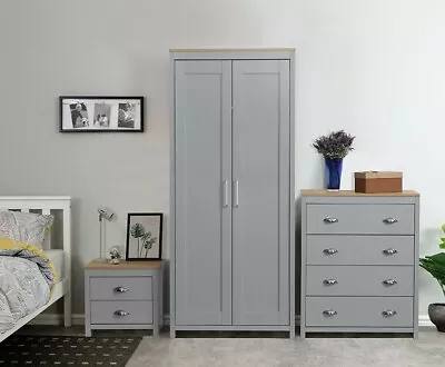 Bedroom Furniture Trio Set 2 Door Wardrobe Bedside Table Drawers Grey White • £109.99