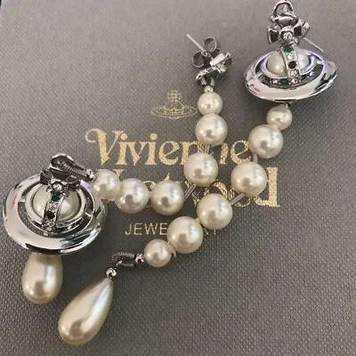 Vivienne Westwood Long Pearl Earrings Silver White Orb Drop Outlet Authentic • $48.99