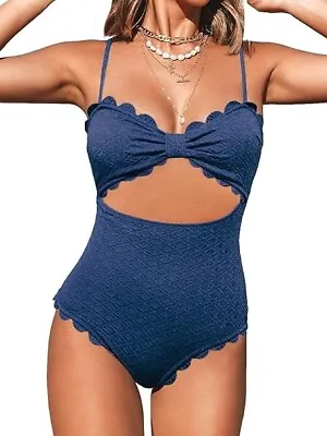 Size 12-14 (M) | Cupshe Cut Out Scallop Trim Swimsuit | Blue | W50 • £18.95