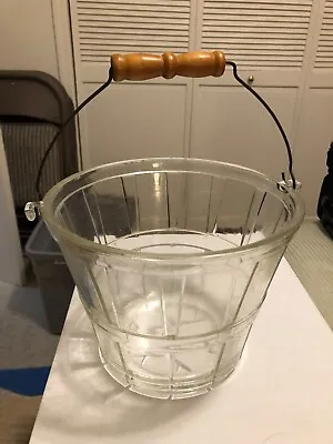 Vintage Anchor Hocking Glass Fruit Basket Ice Bucket W/ Wood Handle Bail • $17.99
