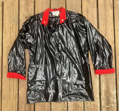 VTG Wippette Ken Sporn Vinyl Black/Red Raincoat Jacket Slicker Corduroy Trim S • $49.99