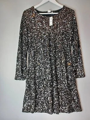 Gap Petite Long Sleeve Sequin Dress  - Black - Medium • £14.99