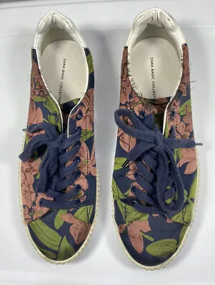 Zara Basic Collection Flat Floral Shoes Sneakers Blue Pink Green 7.5 M 38 Euro • $23.33