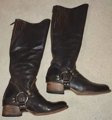 Freebird Boots Distressed Knee High Brown Leather Harness Rear Zip Sterling Sz 9 • $149.99