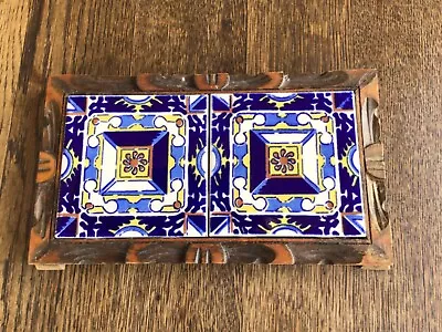 Vtg Mexican Tile Trivet W Hand Carved Wood Base Mexico Talavera Style 6x10” • $9.99