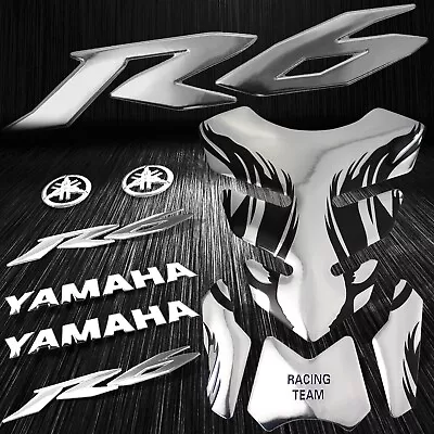 Chrome Tribal Fire Gas Fuel Tank Pad+8  3D Logo&Letter+for YZF-R6 Emblem Sticker • $33.98