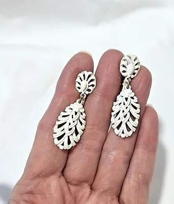 Vintage Monet White Enamel Earrings Drop Dangle • $12