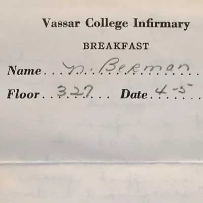 Vintage 1944 Vassar College Infirmary Breakfast Menu Poughkeepsie New York #1 • $15.50