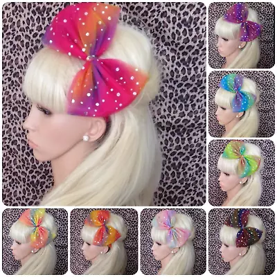 XL OVERSIZED RAINBOW SPARKLE TULLE NET TUTU BOW HAIR CLIP 80s PARTY FANCY DRESS • £4.99