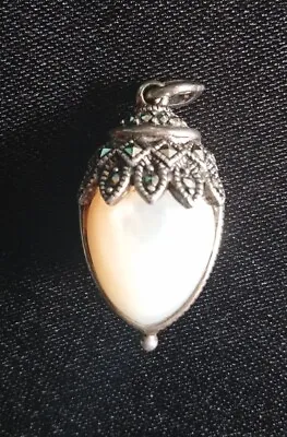 Sterling Silver Mother Of Pearl Black Onyx & Marcasite Reversible Acorn Pendant  • $28