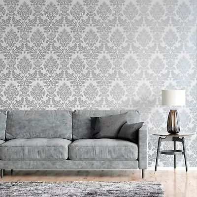 Silver Grey Damask Wallpaper Floral Feature Vintage Retro Metallic Smooth Finish • £9.99