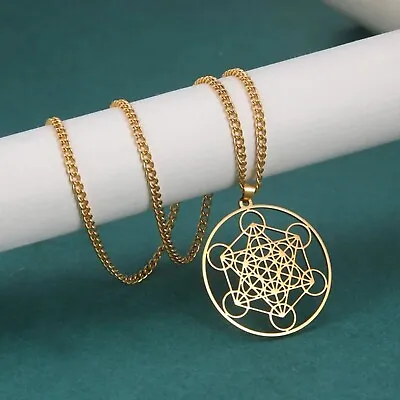 Gold Metatrons Cube Necklace Stainless Steel Sacred Geometry Pendant With Chain • $18.99