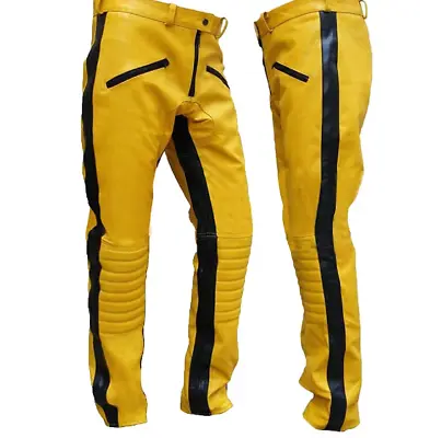 Men's Real Leather Bikers Pants Yellow Leather Quilted Panels Side Stripes Pants • $120