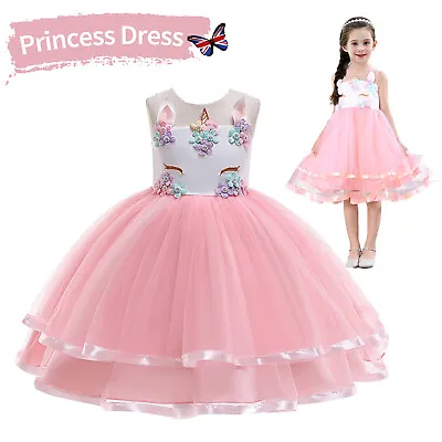 Kids Flower Girls Unicorn Bridesmaid Dress Wedding Party Tutu Lace Outfit Proms • £10.82