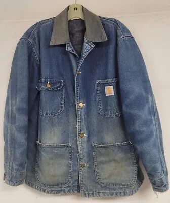 $43 • Buy Mens Vintage Carhartt Denim Jacket Blanket Lined Chore Work Distressed Usa Large