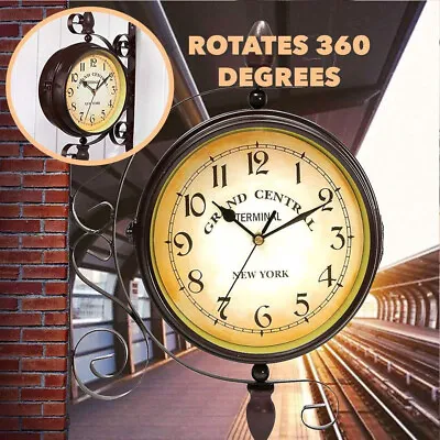 £20.95 • Buy Vintage Central Station Wall Clock Metal Rotary Double Sided Clocks With Bracket
