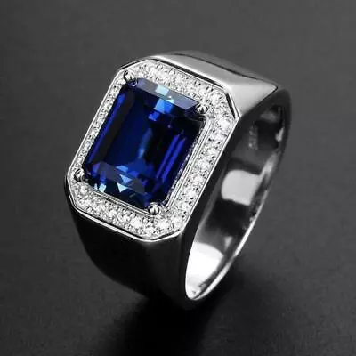 925 Sterling Silver 2CT Emerald Lab Created Blue Sapphire Men's Engagement Ring • $111.99