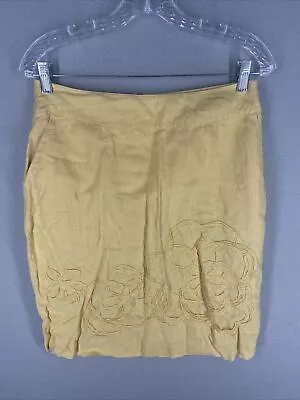 Boden Skirt Womens Size 8R Yellow Linen Embroidered Floral Pockets Pencil • $19.99