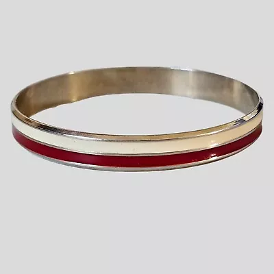Vintage Enamel Bangle Bracelet Red Cream Silver Tone • $0.99