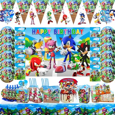 $4.87 • Buy Sonic Hedgehog Birthday Party Decors Tablecloth Balloons Flag Tableware Supplies