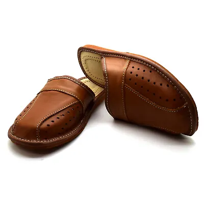 Mens 100% Leather Slippers Shoes Size 6-12 Comfort Sandals Slip On Mules Brown • £9.99