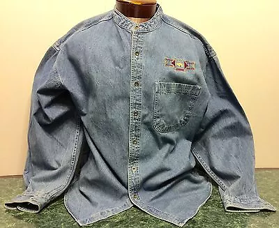 Men's (Small) Solid Blue Denim Long Sleeve Collarless Button Front Shirt • $12.95