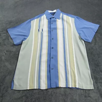 Nat Nast Shirt Mens Medium Blue Beige Silk Bowling Button Short Sleeve American • $49.99