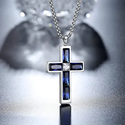 Cross Necklace Men's Created Sapphire Blue Pendant Crystal Zircon Birthstone • $59.20