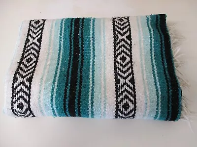 Mexican Blanket Throw Rug Green Woven Stripe Picnic Festival Camping M100 • £22