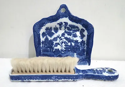 $250 • Buy Vintage Blue Willow China Butler Crumb Catcher Pan Tray & Sweeper Brush