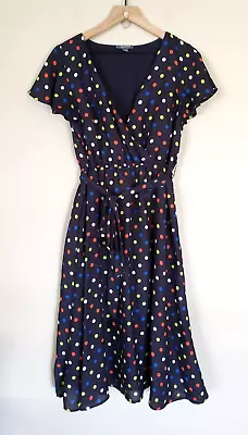 Modcloth Fits Of Bliss Polka Dot Navy Midi Dress Size Large Belted Pockets • $29.95