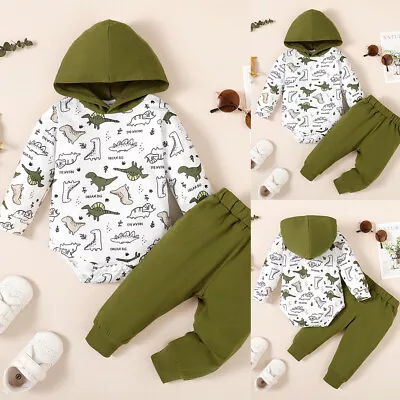 2Pcs Toddler Baby Boys Printed Tracksuit Hooded Pullover Long Pants Outfits Set • £2.99