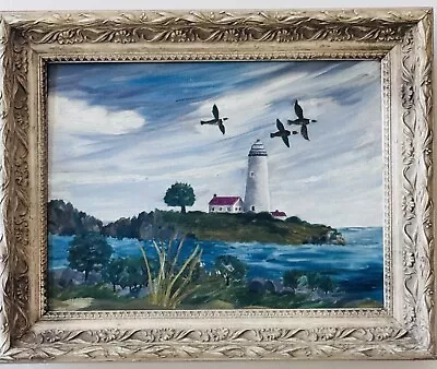 Vintage Coastal Lighthouse Oil Painting On Board Folk Art Seashore Landscape 20” • $120.43