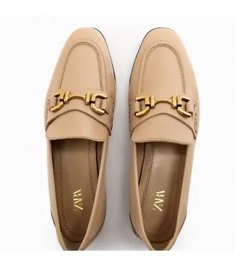 Women's ZARA Leather Loafers With Gold Hardware Size US 7.5 / EU 38 New • $69