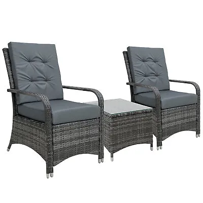 Outsunny Rattan 3PCs Chair Table Bistro Set Patio Set W/ Steel Frame Grey • £236.99