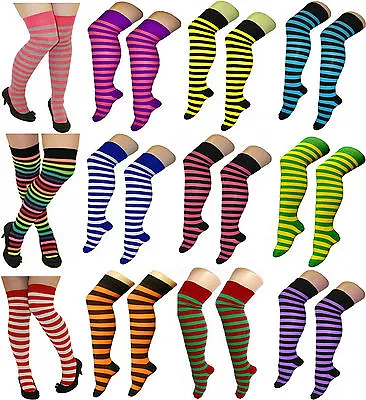 New Womens Stripe Ladies Stretch Long Knee High Socks Pub Golf Fancy Dress • £3.49