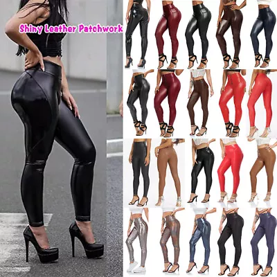 £15.49 • Buy Women Wet Look PU Leather Leggings Push Up High Waist PVC Stretch Pants Trouser
