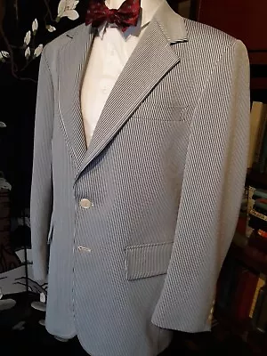 60s Vintage Blue Striped Seersucker Sport Coat Blazer Jacket Size 38 Reg. • $30