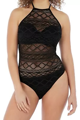 Freya Sundance Swimsuit Black Crochet Size 34D 12 High Halter Neck Bra 3974 • £27.89