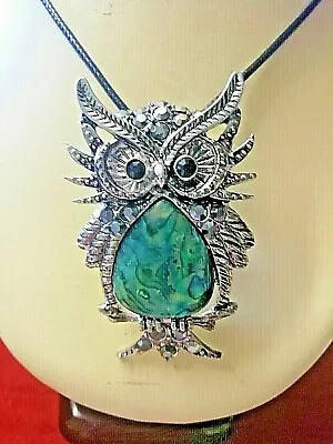 OWL Silver Plated Large Abalone Shell Pendant Adjustable Cord Lobster Claw Clasp • $12.44