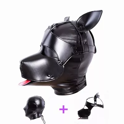 Black Adjustable PU Leather Dog Mask Bdsm Bondage Hood For Pup Cosplay Role Play • $36.81