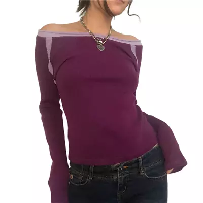 Y2k Fairy Grunge Top Vintage Aesthetic Patchwork Off Shoulder Long Sleeve T • £13.28